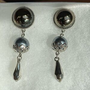 Faux Blue Pearl and Hematite Silver Tone Drop Earrings.  Very Flashy